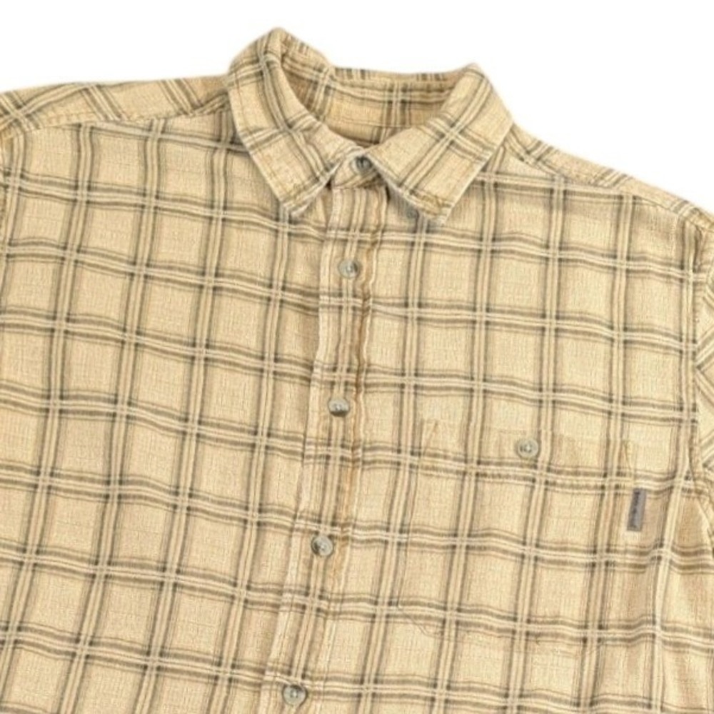 Woolrich Mens Medium Tan Brown Plaid Short Sleeve Cotton Button Down Shirt